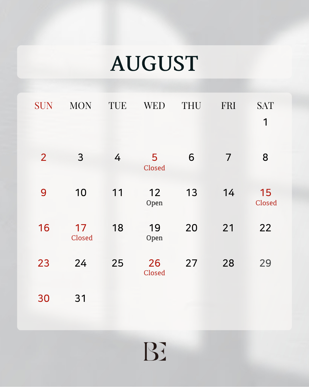 August Schedule