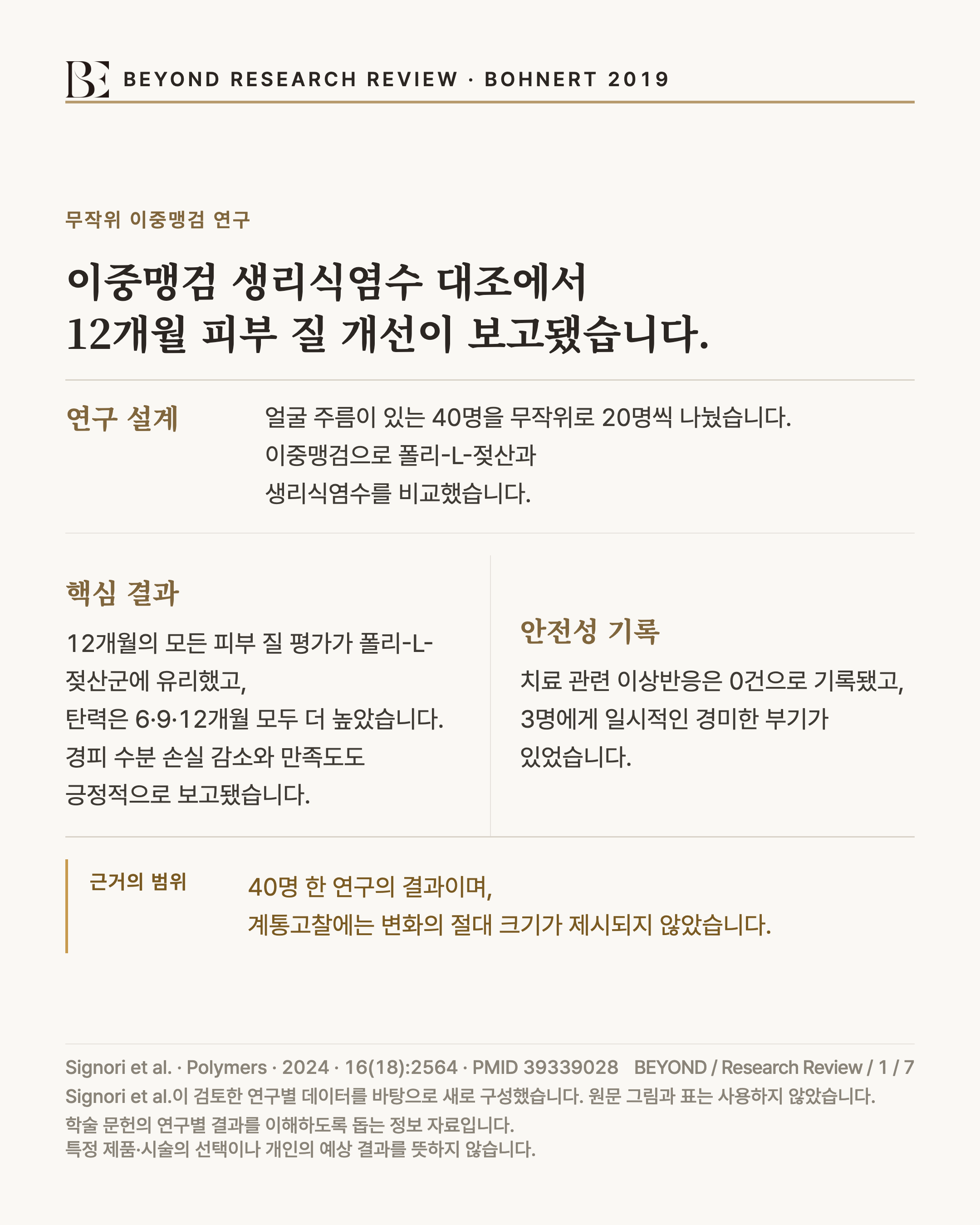 Bohnert 2019의 40명 무작위 이중맹검 생리식염수 대조 연구 요약 인포그래픽. 12개월의 모든 피부 질 평가와 6·9·12개월의 탄력, 경피 수분 손실 감소와 만족도에서 폴리-L-젖산군에 긍정적인 결과가 보고됐습니다. 치료 관련 이상반응은 0건으로 기록됐고 3명에게 일시적인 경미한 부기가 있었으며, 40명 한 연구로 변화의 절대 크기와 p값은 계통고찰에 제시되지 않았습니다.